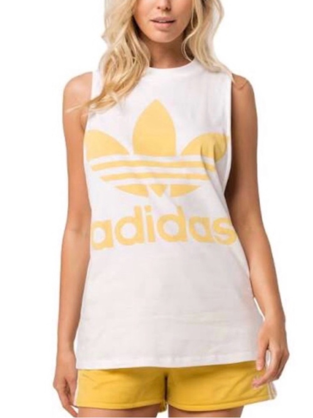 adidas White Tank with Yellow Trefoil Logo